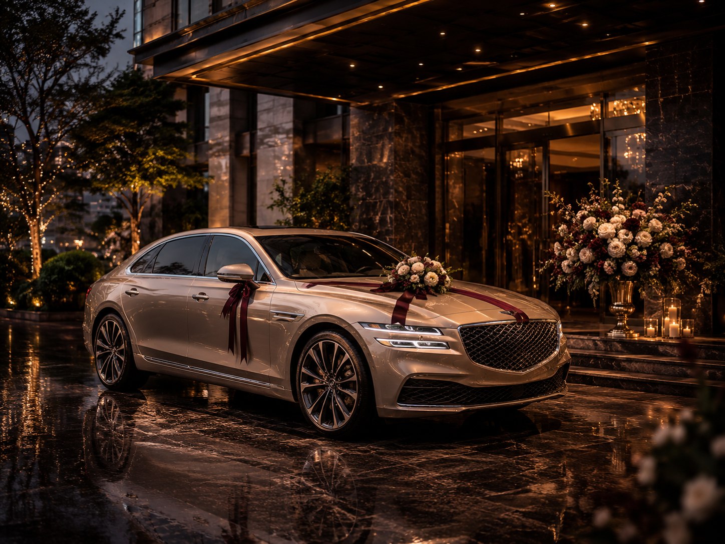 Champagne luxury wedding car with burgundy floral accents at an elegant venue